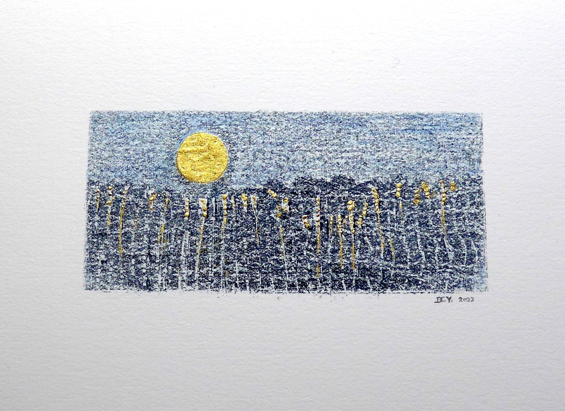 Collagraph print of sun and cornfileld highlighted in gold leaf by artist Diane Young