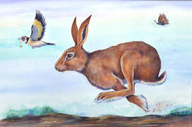 Hare running following a goldfinch with a golden bell - painting by artist Diane Young