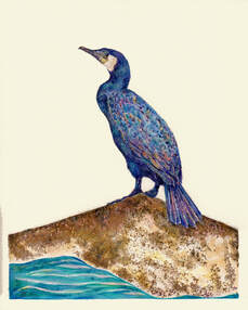 Collagraph print /painting of a cormorant on a rock by artist printmaker Diane Young