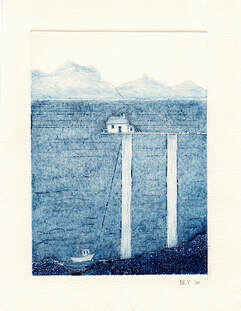 Fishermans cottage on scottish loch with boat by artist printmaker Diane Young