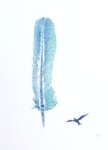 Feather monoprint blue green inks and flying bird icon by artist Diane Young