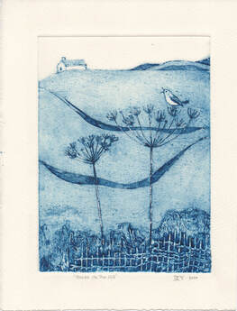 House on a hill with Jenny wren in foreground collagraph original design by artist printmaker Diane Young