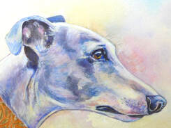 Original painting of greyhound head with sparkly collar by artist Diane Young