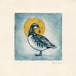 Original collagraph art of Partridge with gold leaf by artist Diane Young