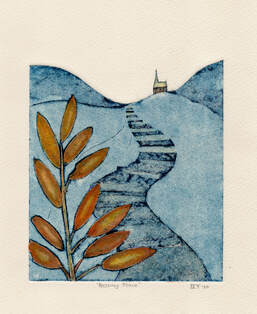 Church on a hill Collagraph print original design by artist printmaker Diane Young