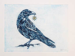 Collagraph original print of crow with gold royal star by artist Diane Young