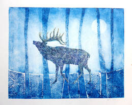 Rutting Stag in woodland textural collagraph original print by printmaker Diane Young