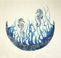 Original  mixed media artwork textural collagraph and watercolour of Sundarbans Seahorses by artist Diane Young