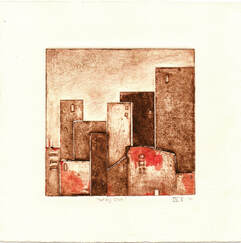 Collagraph print of a city with small exit door by artist Diane Young