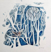 Monoprint painting of a barn owl in a snow scene by artist Diane Young