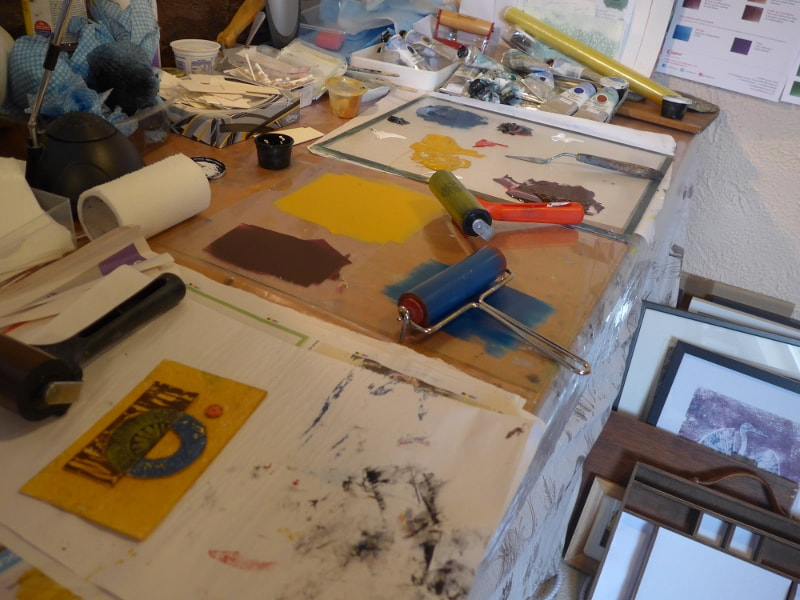 Diane Young printmaker studio inking up station