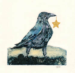 Crow carrying a gold leaf star original collagraph by artist Diane Young