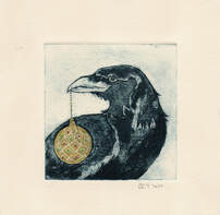Raven with gold bauble collagraph print by artist Diane Young