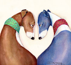 Greyhounds Lurchers heads looking inward towards each other and forming a heart by artist Diane Young