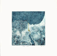 Collagraph of landmass from space with Suez Canal detail in gold leaf by artist Diane Young