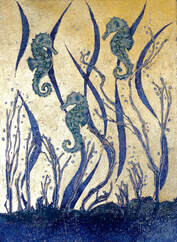 Mixed Media seahorses collagraph print and gold leaf original art by printmaker Diane Young