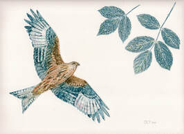 Kite Bird flying original collagraph print with leaf monoprints by artist Diane Young