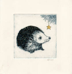 Original collagraph artwork of a hedgehog with gold leaf detail by artist Diane Young