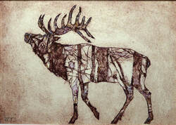 Original collagraph textural print of a rutting stag by artist Diane Young